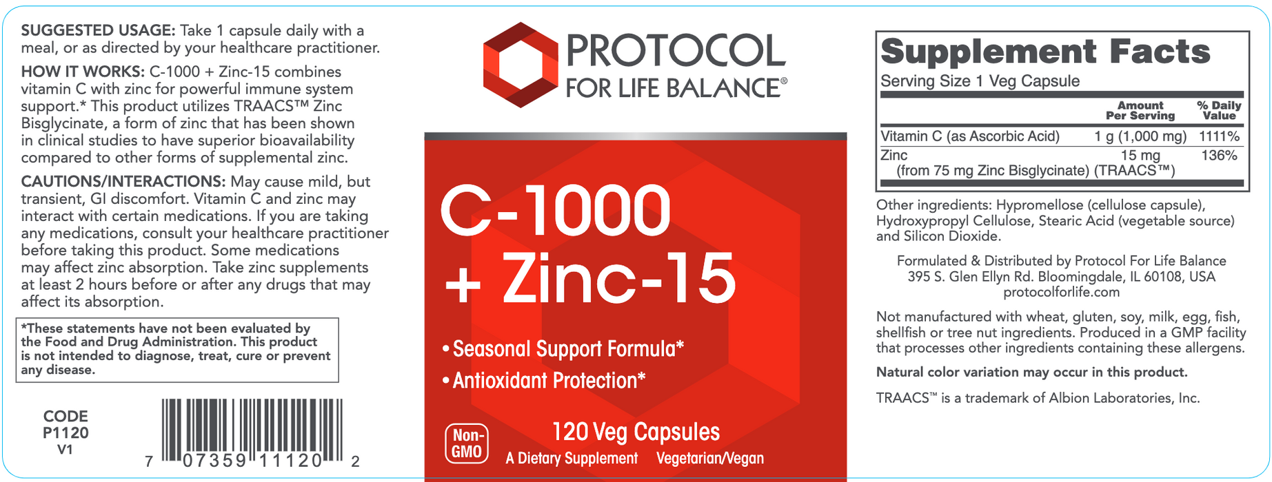 C-1000 + Zinc-15 (120 Capsules)-Vitamins & Supplements-Protocol For Life Balance-Pine Street Clinic