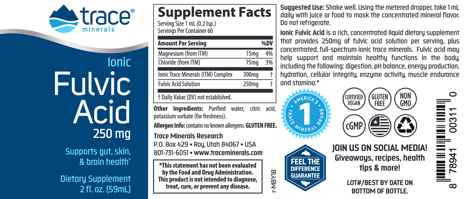 Ionic Fulvic Acid (250 mg) (59 ml)-Vitamins & Supplements-Trace Minerals-Pine Street Clinic