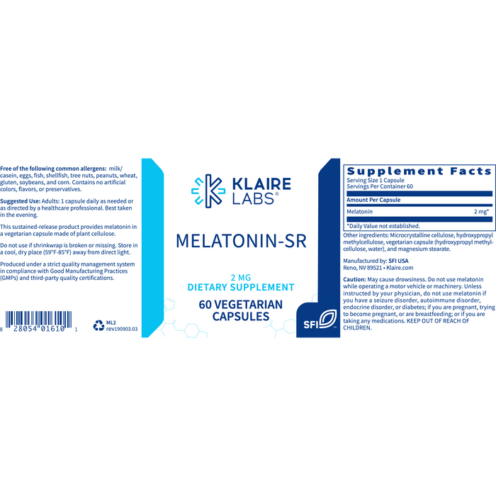 Melatonin-SR (2 mg) (60 Capsules)-Vitamins & Supplements-Klaire Labs - SFI Health-Pine Street Clinic