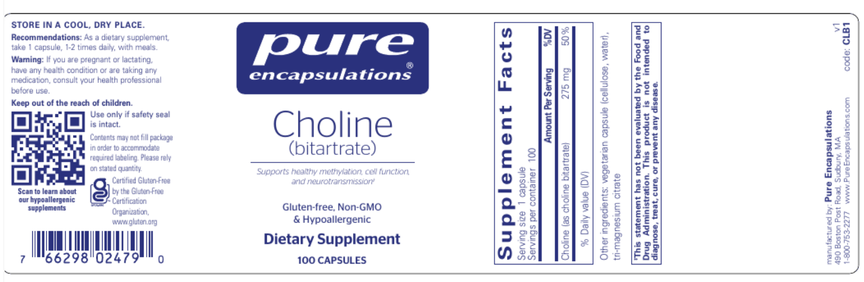 Choline (bitartrate) (100 Capsules)-Vitamins & Supplements-Pure Encapsulations-Pine Street Clinic